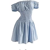 SweatyRocks Women's Off The Shoulder Puff Sleeve Mini Dresses Plaid Shirred Ruffle A Line Dress