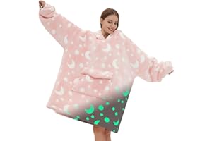 MEWKOU Glow in The Dark Wearable Blanket Hoodie for Adult,Oversized Sherpa Fleece Blanket Hoodie for Women Men,Luminous Moon and Stars