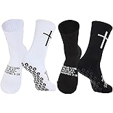 Bodoniy 2 Pairs Cross Grip Soccer Socks Non-Slip Sports Sock with Bible Verse, Jesus Christian Socks for Football, US 6-13