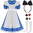 HMPRT Halloween Costume for Girls, Bule Peter Pan Callar Dress, White Apron and Black Headband
