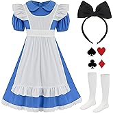HMPRT Halloween Costume for Girls, Bule White Callar Dress, White Apron and Black Headband