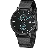 TWOPTION Mens Watches Sleek Minimalist Analog Quartz Waterproof Watches for Men, Stainless Steel Mesh Band Men's Wrist Watch with Auto Date