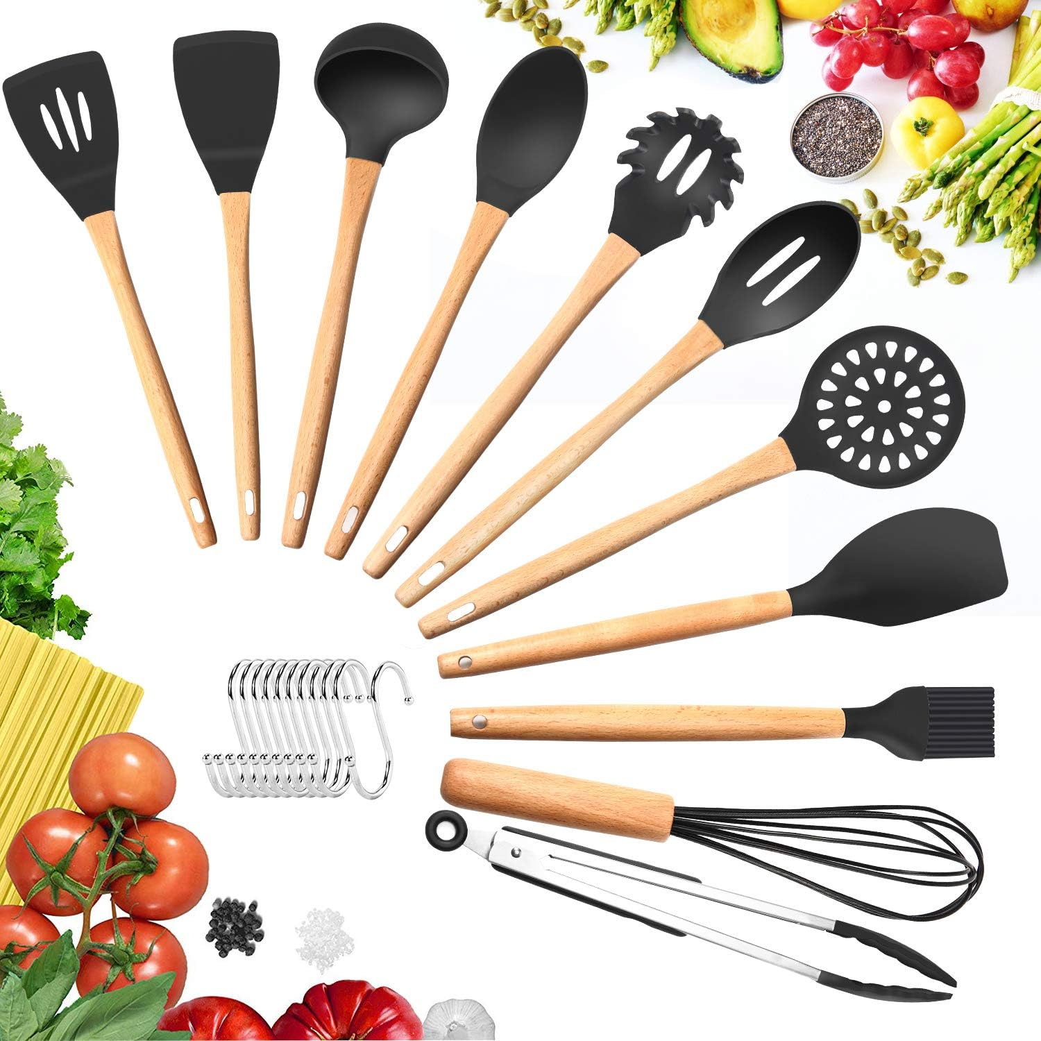 Silicone Cooking Utensils Kitchen Utensil Set - 11 Pieces Natural Wooden Handles Cooking Tools BPA Free Turner Tongs Spatula Spoon for Nonstick Cookware (Black)