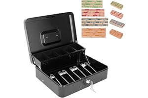 GOEHIAUL Cash Box with Key Lock and Money Tray - Metal Money Box for Cash Register, Large Cash Lock Box for Money Safe with 100PCS Coin Wrappers Assorted