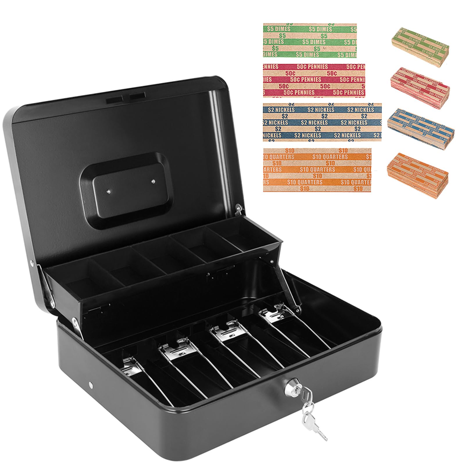 Photo 1 of Cash Box with Key Lock and Money Tray - Metal Money Box for Cash Register, Large Cash Lock Box for Money Safe with 100PCS Coin Wrappers Assorted