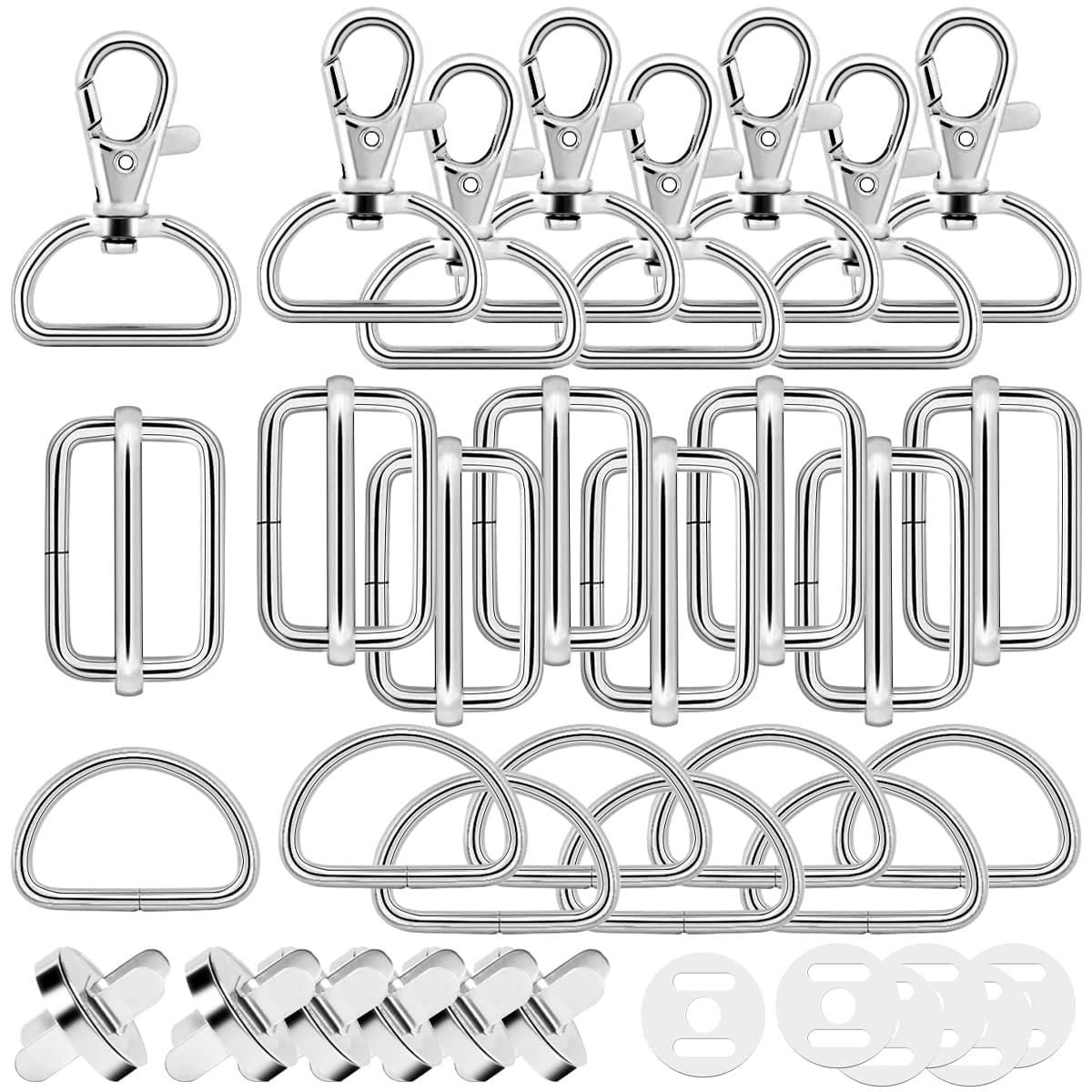DKBT D rings for Bag Making Supplies 30 Pcs Swivel Metal Buckles with Magnetic Buttons D rings Heavy Duty Bag Making Hardware Slide Buckle for Wallet DIY Crafts Sewing Handbag(Silver 25mm)