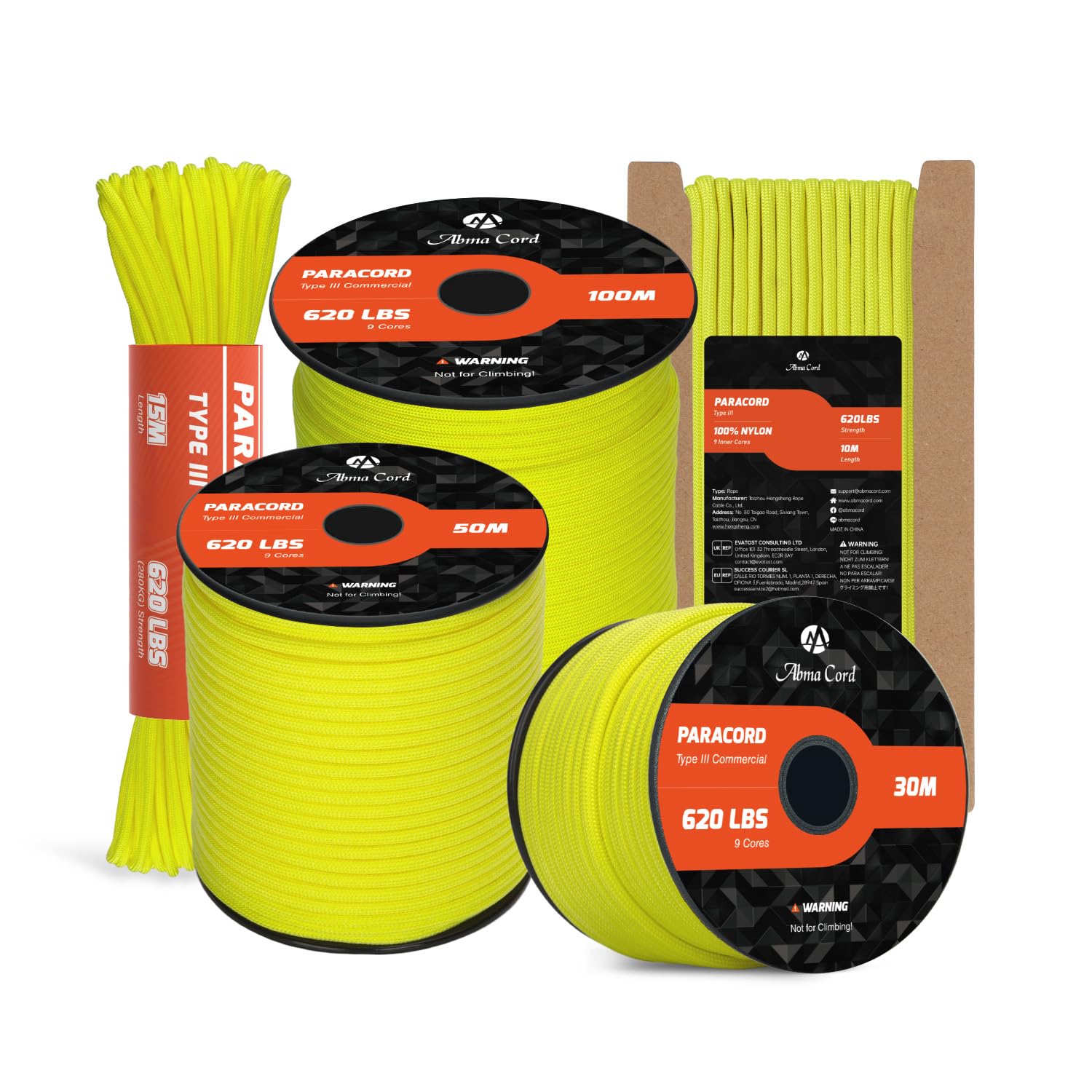 Abma Cord Paracord 4mm 15m 100% Nylon Rope 9 Strands Type III Parachute Cord for DIY, Camping, Survival, Outdoor - Max. 280kg - Neon Yellow