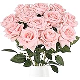 Uznaeoi 12Pcs Pink Roses Artificial Flowers Real Touch Velvet Roses Faux Roses with Long Stems for DIY Wedding Bouquet Party Table Centerpiece Home Arrangement Decor(Pink)