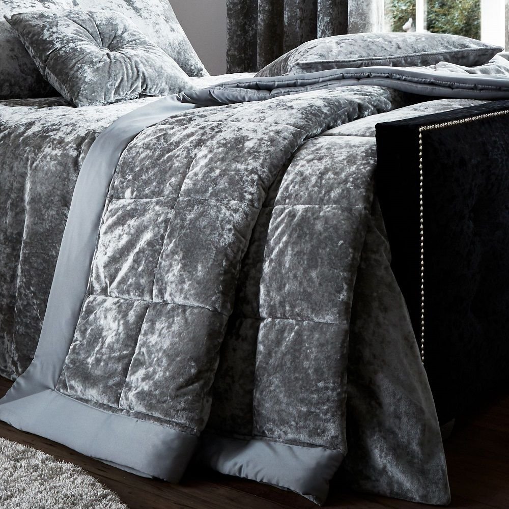 Catherine Lansfield Crushed Velvet Quilted 220x220cm Bedspread Silver Grey