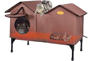 IPEAIN Elevated Heated Cat House for Outside Cats Extra Large Heated Outdoor Cat House for Winter Insulated Waterproof Feral Cat Shelter Outdoor Cat Houses Weatherproof for Multiple Cats (Tan)