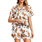 WELLINZER Satin Silk Pajamas for Women 2Pcs Collar Sleepwear Button Down Short Sleeve Shorts Pjs Set Loungewear