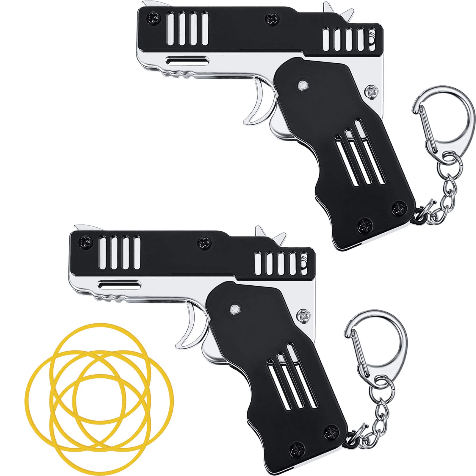 2 Packs Rubber Band Gun Toy Mini Metal Folding Rubber Gun Rubber Launcher Toy Gun with Keychain for Shooting Game Outdoor Activities (Black)