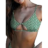 BERLOOK Women's Sexy Scoop Neck Cut Out Tie Back Floral Jacquard Bikini Top