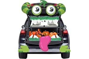 Noiclub Halloween Cute Green Monster Face Trunk Or Treat Car Decorations Kits For SUV Outdoor, Adorable Big Eyes,Gaping Mouth,Cow-like Horns For Car Garage Door Entryway Archway Decor, 2 Green Ribbons