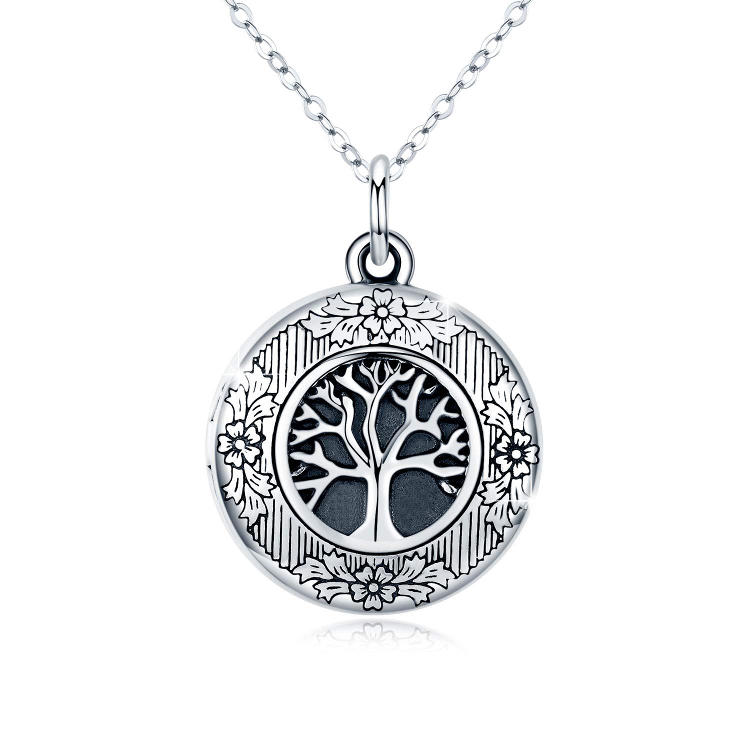 CUOKA MIRACLE Tree of Life Locket Necklace 925 Sterling Silver Round Shape Locket Necklace Vintage Oxidized Tree of Life photo Pendant Family Mother's Day Gifts for Mom Grandmother