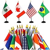 ANLEY 24 Countries Deluxe Desk Flags Set - 8 x 5 Inches Miniature American US Desktop Flag with 13" Black Pole - Vivid Color and Fade Resistant - Come with Black Base and Black Top