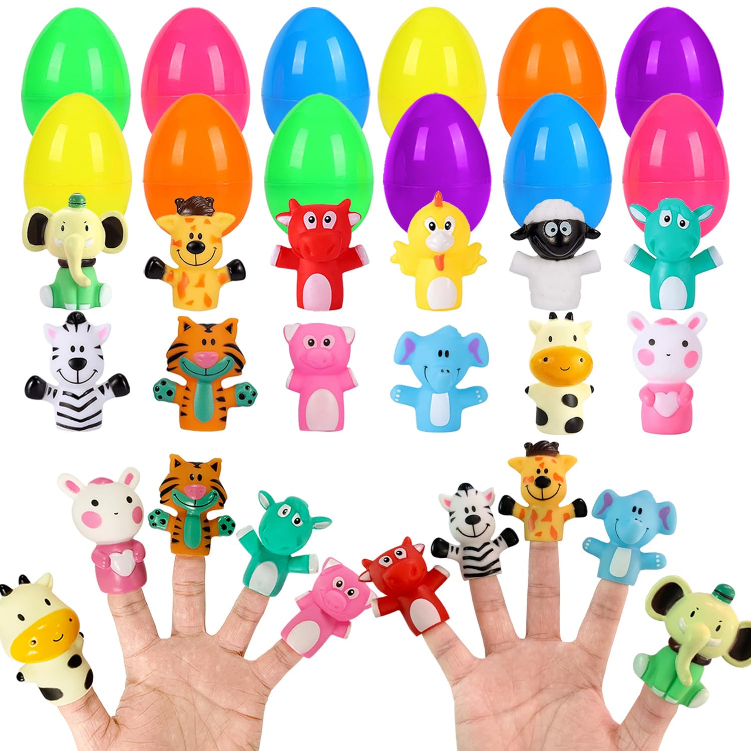 12 Pack Easter Eggs Prefilled with Animal Finger Puppets, Easter Basket Stuffers Plastic Easter Eggs Fillers Surprise Easter Gifts Hunt Party Favors Classroom Prize Supplies