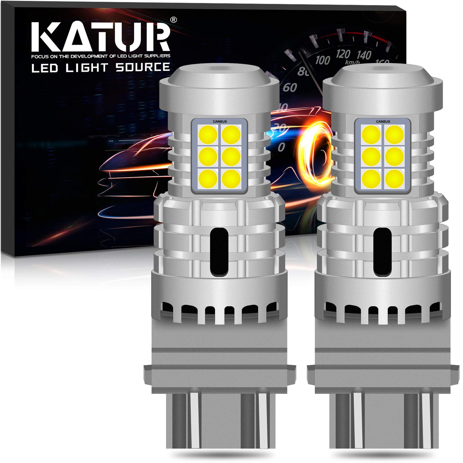 KATUR 3157 3057 T25 P27/7W LED Bulbs Super Bright 12pcs 3030 & 8pcs 3020 Chips Canbus Error Free Replace for Turn Signal Reverse Brake Tail Stop Parking RV Lights,Xenon White(Pack of 2)