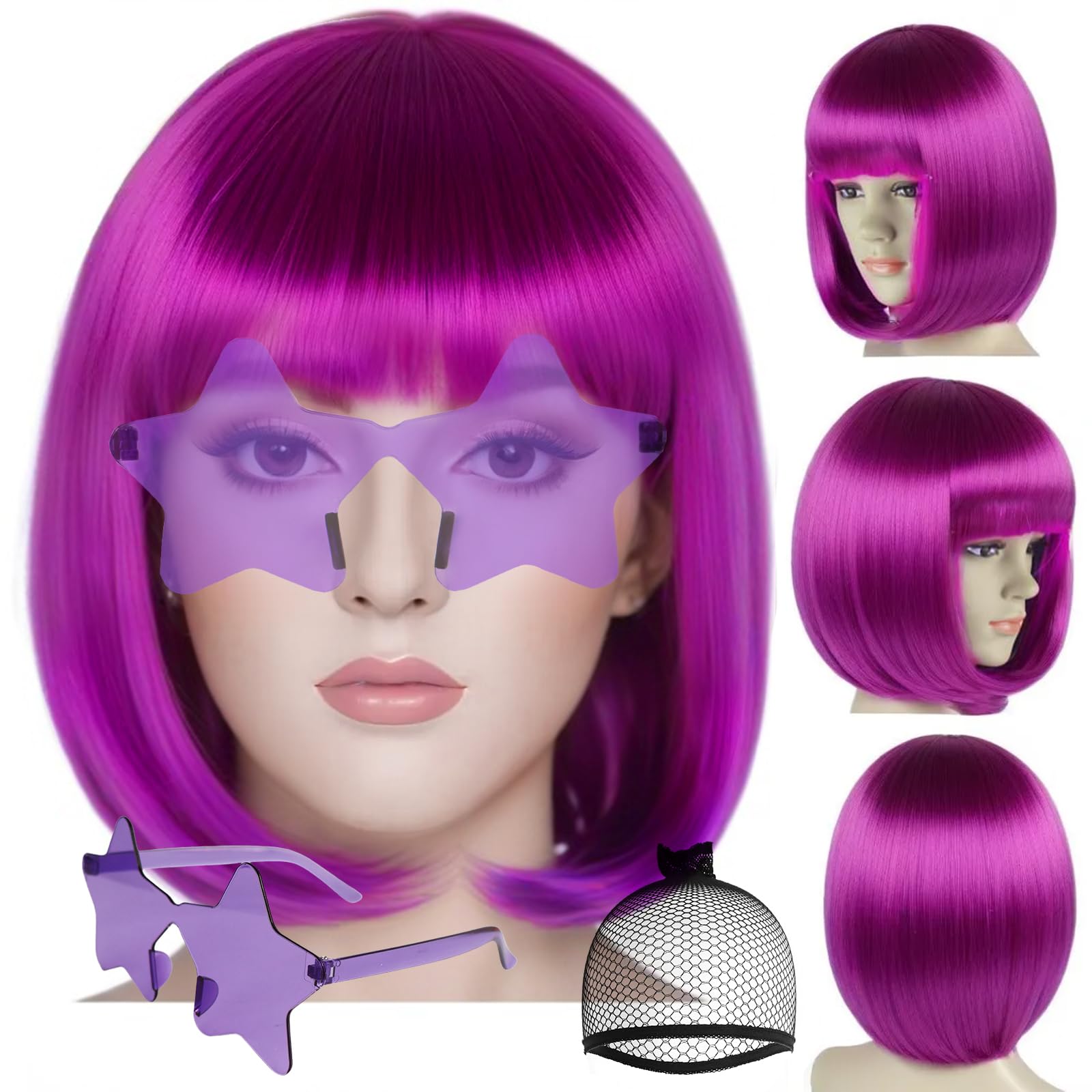 Photo 1 of ANOGOL Hair Cap + (Sunglasses) Purple Bob Wig with Bangs Womens Purple Party Wigs with Star Shape Sunglasses Short Neon Wig for Daily Party Outfit Fun wigs for Women Halloween Costume Night Club Hair
