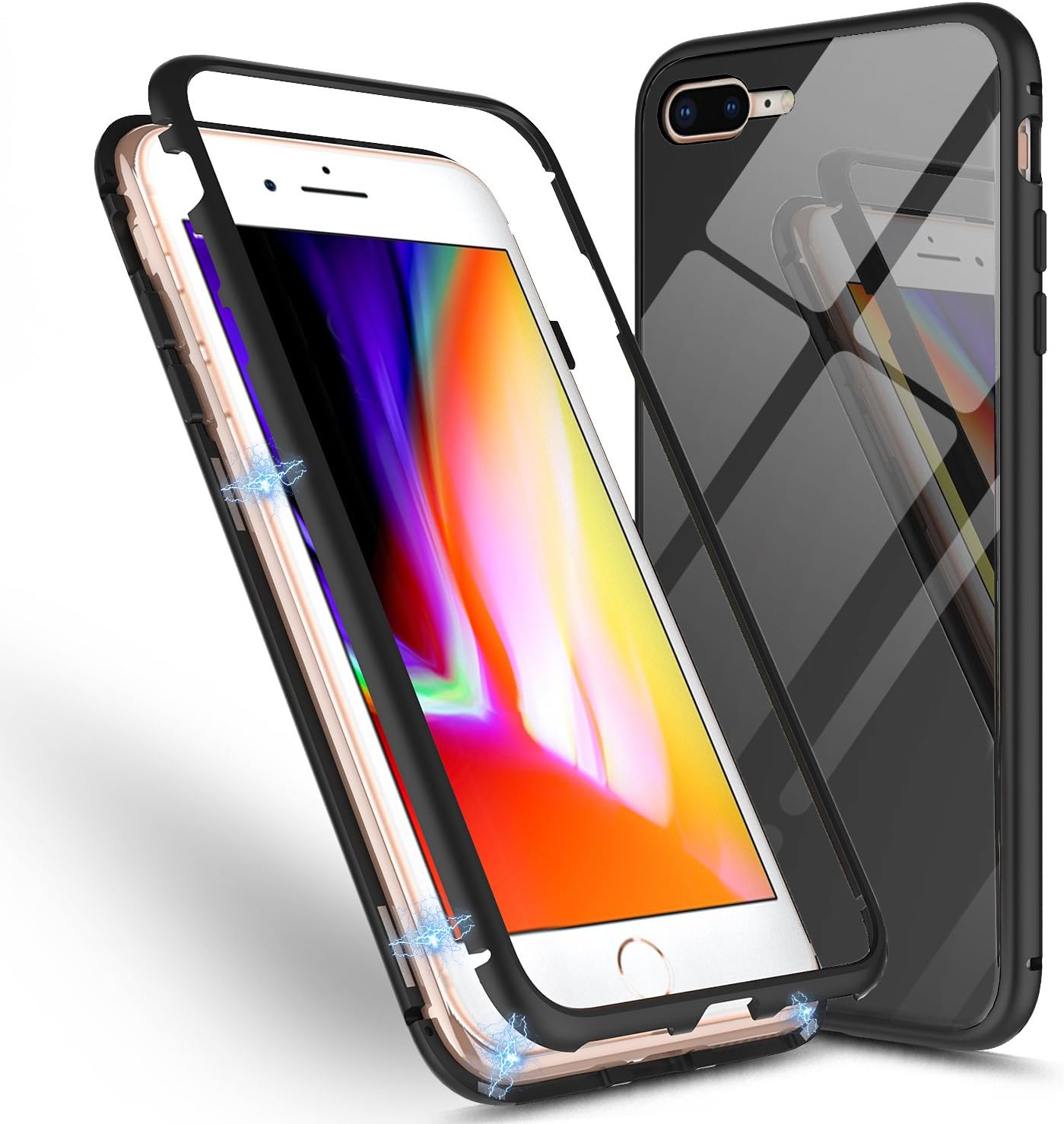 Tecneca Case Compatible iPhone 7 Plus and iPhone 8 Plus, Magnetic Adsorption Case Tempered Glass Back Built-in Magnet Flip Frame Support Wireless Charging - Black