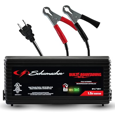 Schumacher Electric 1.5A Car Battery Charger and Maintainer, 3-in-1 Solution, for 6V/12V Power Sport, Automotive, and Marine Batteries, SC1355