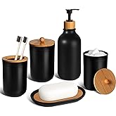 Black Bathroom Accessories Set 5 Pcs, Matte Black Bathroom Accessories, Plastic Soap Dispenser and Toothbrush Holder Set, Soap Dish, Cotton Swab Jar, Black Bathroom Set, Boho Bathroom Decor