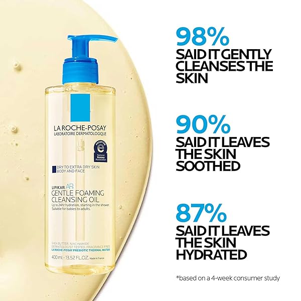 LA ROCHE-POSAY LIPIKAR AP+ GENTLE FOAMING CLEANSING OIL, GENTLE OIL CLEANSER FOR FACE AND BODY FORMULATED WITH NIACINAMIDE, LONG-LASTING 24-HOUR HYDRATION, FRAGRANCE-FREE & SOAP FREE