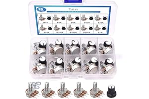 Taiss 40PCS Potentiometer Kit with Rotary knobs,WH148 B1K 2K 5K 10K 20K 50K 100K 250K 500K 1M Ohm potentiometers Assortment Single Linear Taper Rotary Audio B Type and Nuts,Washers