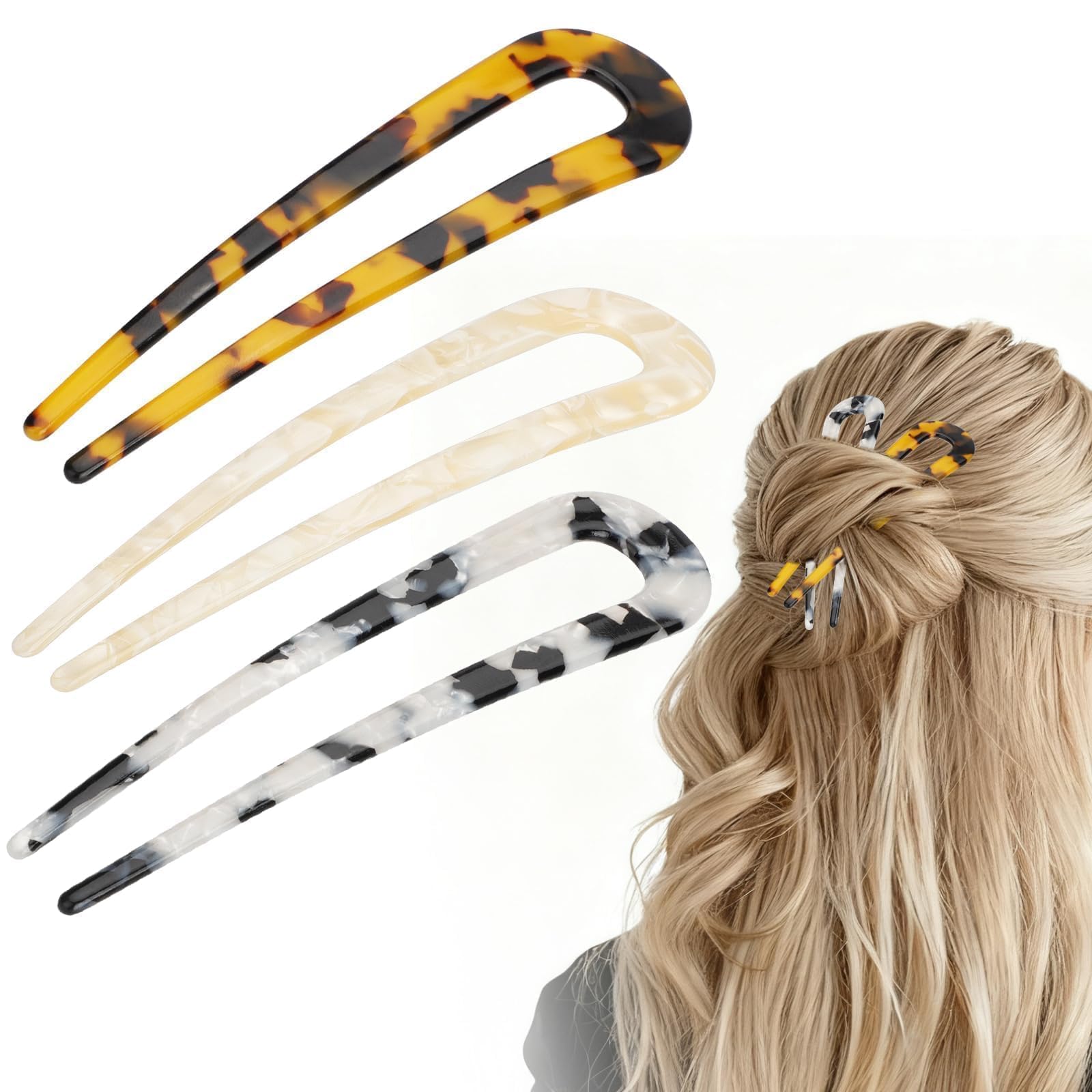 EEEKit 3PCS French Hair Pins for Women, Elegant Twist U Shaped Hair Fork for Updos, Chignon, Bun and Twist Hairstyles, Gift for Her