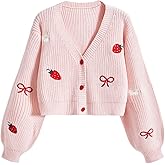 BEAUDRM Women's Cute Bow Cardigan Strawberry Embroidery Long Sleeve Button Down V Neck Knitted Sweaters