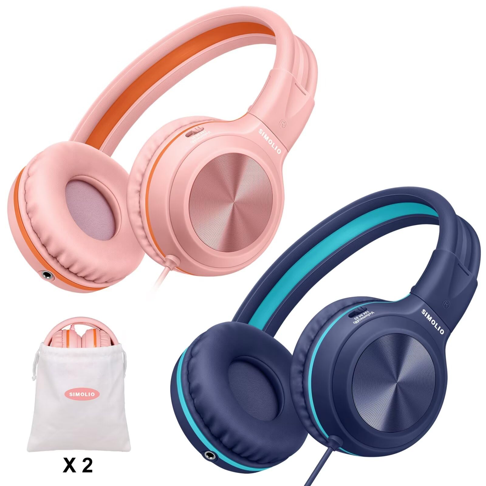 SIMOLIO 2 Pack Wired Headphones with Microphone, Foldable Headphones for Teen Girls Boys, Over Ear Headset with Volume Limited & 3.5mm Aux Share for Cellphone Tablets PC Chromebook School Travel Gift