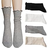 zrylibya Women Cute Roll Top Turn Cuff Slouch Socks Hollow Out Crochet Solid Casual Crew Socks 4 Pairs