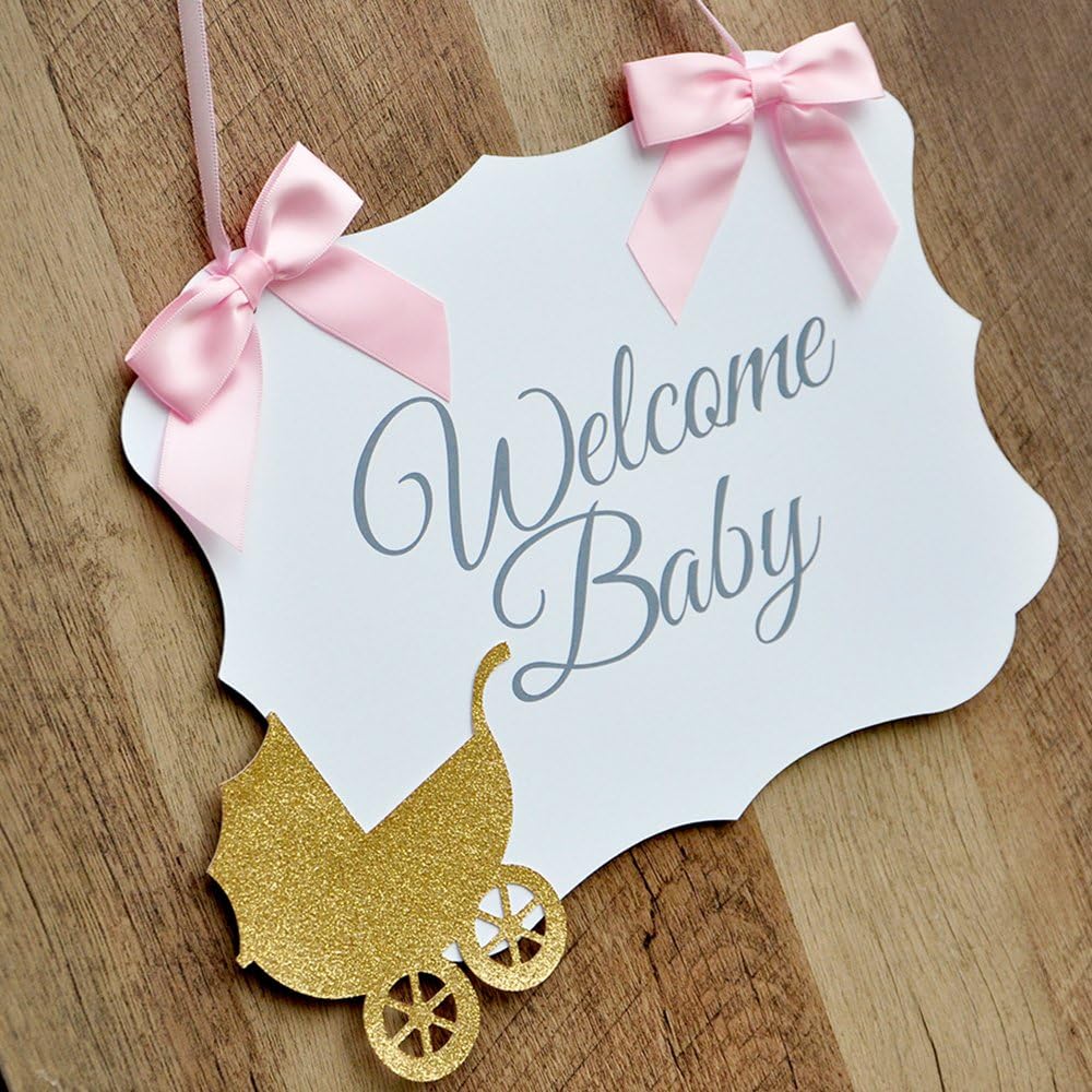 Welcome Baby Sign. Pink and Gold Hospital Door Hanger. Baby Shower Sign.