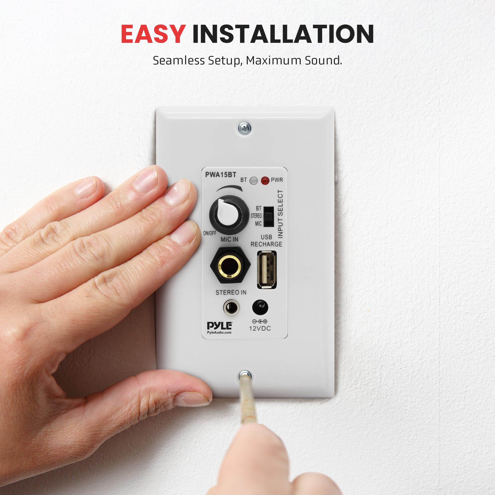 Pyle Bluetooth Receiver Wall Mount - in-Wall Audio Control with Built-in Amplifier | USB, Microphone, Aux (3.5mm) Input | Terminal Block | Connect 2 Speakers | 100 Watt - PWA15BT.5