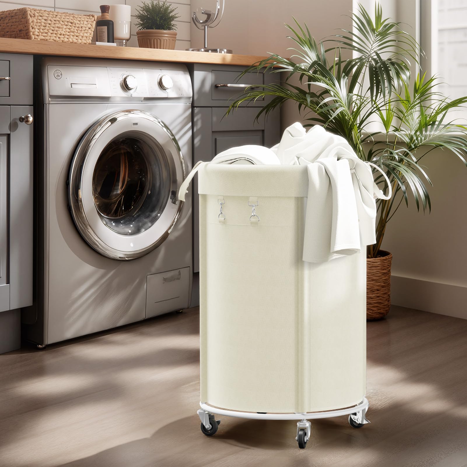 150L Wäschekörbe mit Rollen, Große Wäschesammler mit Metallrahmen und Wasserdichter Wäschesack, Laundry Baskets Wäschewagen für Waschküche, Schlafzimmer, Badezimmer, Beige 6