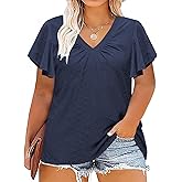 DOLNINE Womens Plus-Size Tops Ruffle Short Sleeve Summer Casual V Neck Loose Shirts
