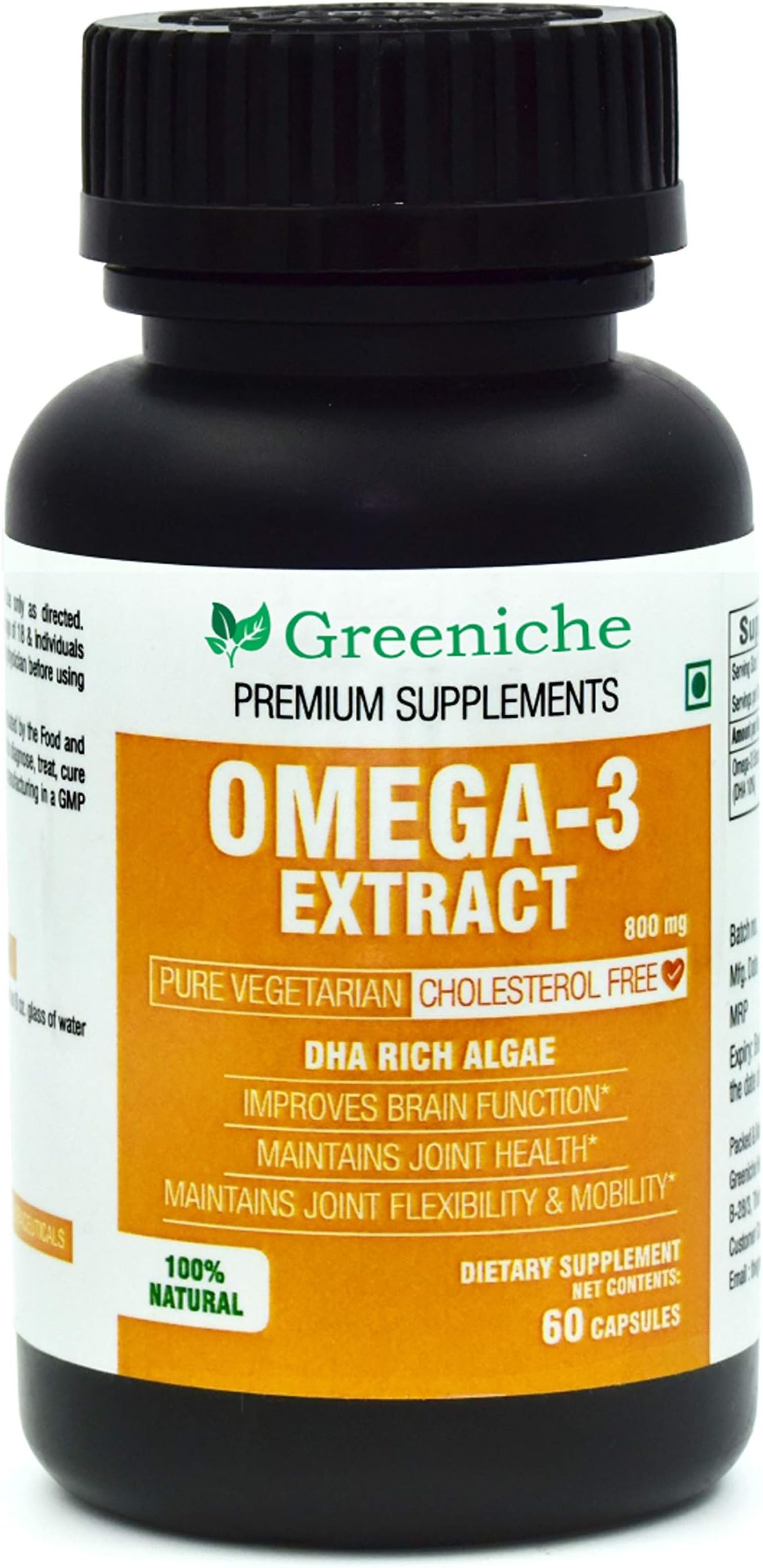 Greeniche™ 100% Natural And Pure Vegetarian Cholesterol free Omega 3 Extract 800 mg DHA Rich Algae for Cardiovascular, Brain, Joint health and Immune Support - 60 Capsules{LIMITED OFFER}