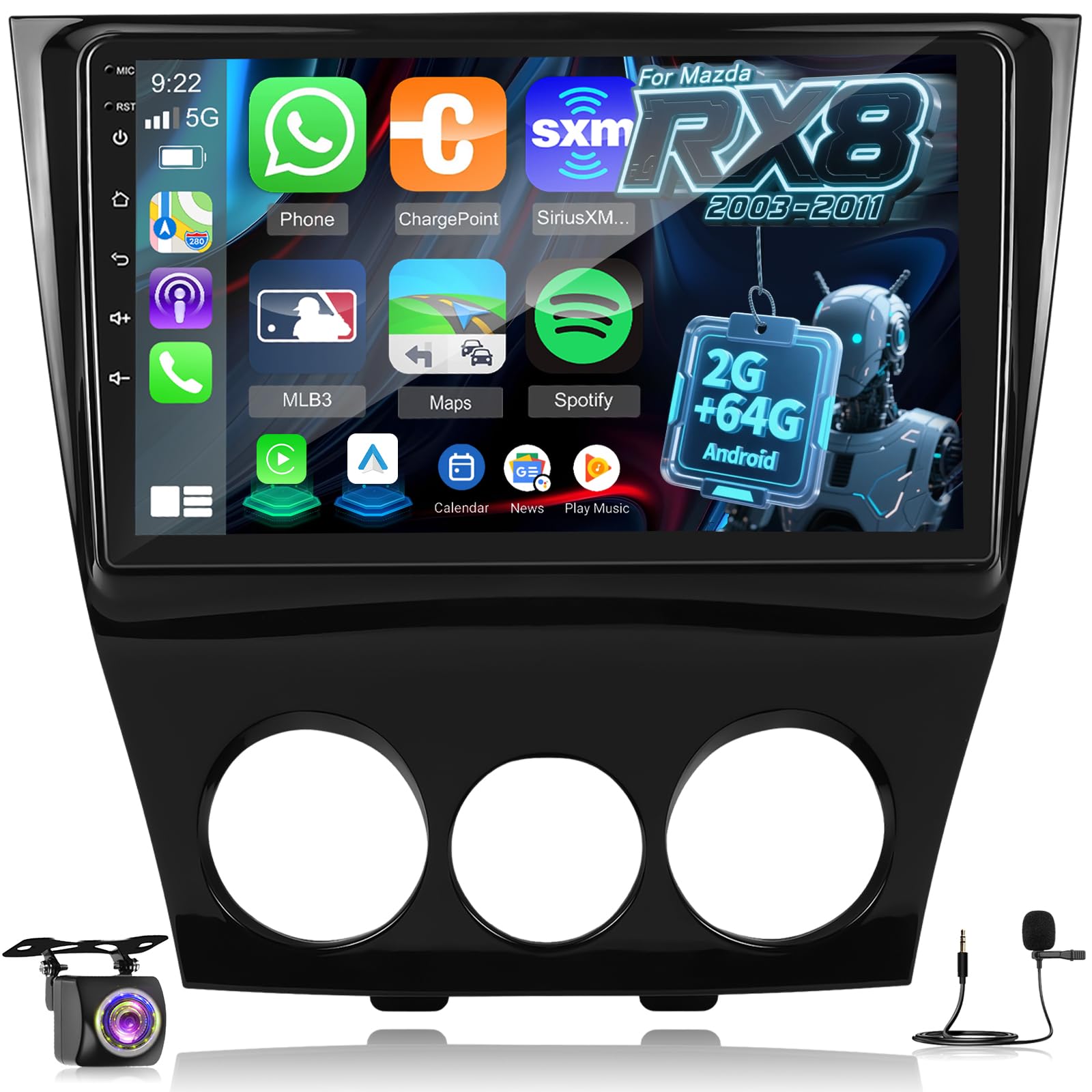 Photo 1 of [2+64] Volxcereo Car Radio for Mazda RX8 RX-8 2003-2011, 9 inch Android Touchscreen Stereo with Carplay/Android Auto, GPS, WiFi, Bluetooth, SWC, FM/RDS, Split-Screen, Backup Camera