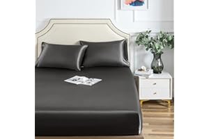 LUXBEDDING Satin Fitted Sheet, Full Fitted Sheet Only, 1 - Piece Ultra Soft Deep Pocket Single Silk Bottom Bed Sheet Full - Grey