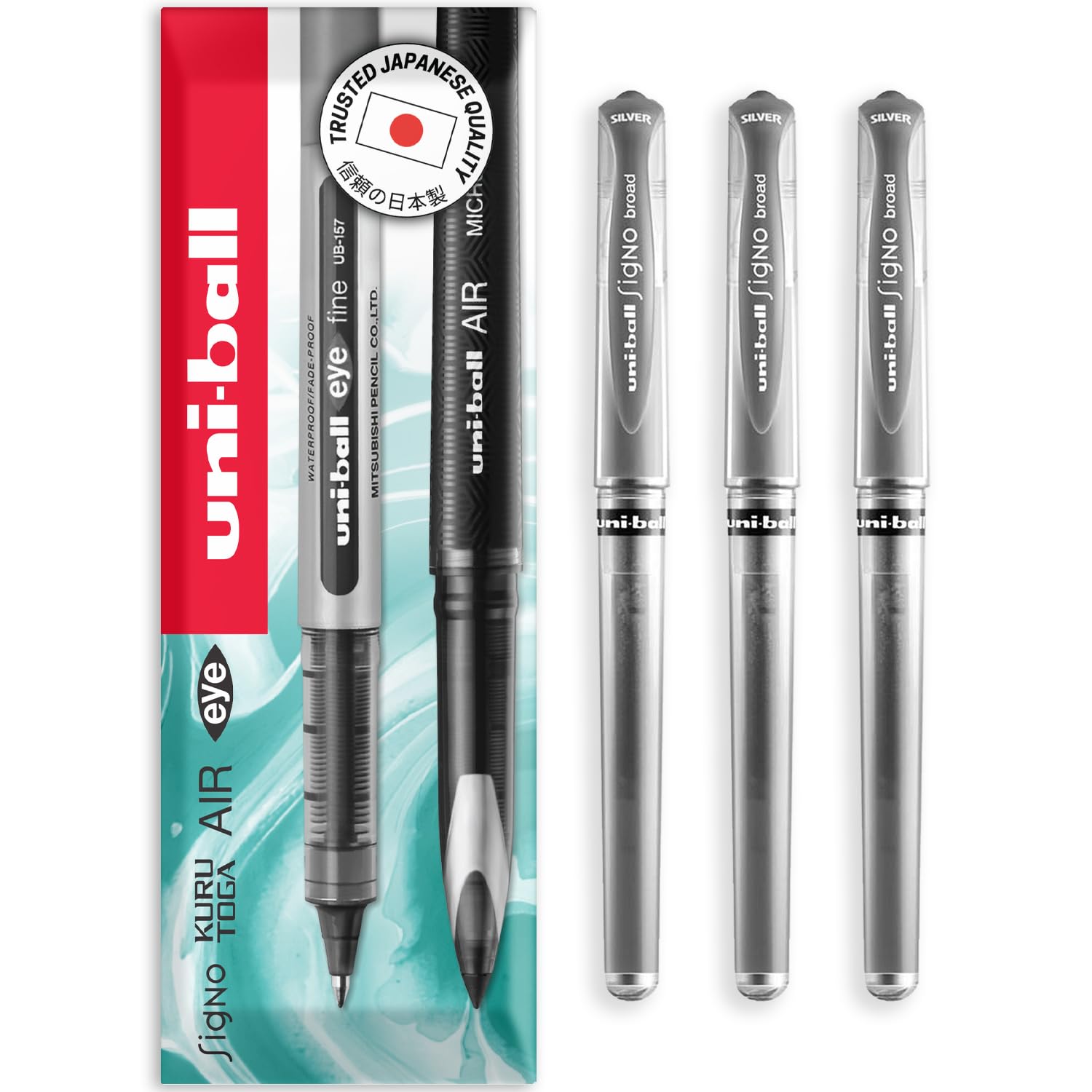 uni-ball Signo Pen - UM-153 Broad Metallic Gel Ink Rollerball - Metal 1.0mm Tip Nib - Rubber Grip - In Envelope Gift Packaging (Pack of 3, Silver)
