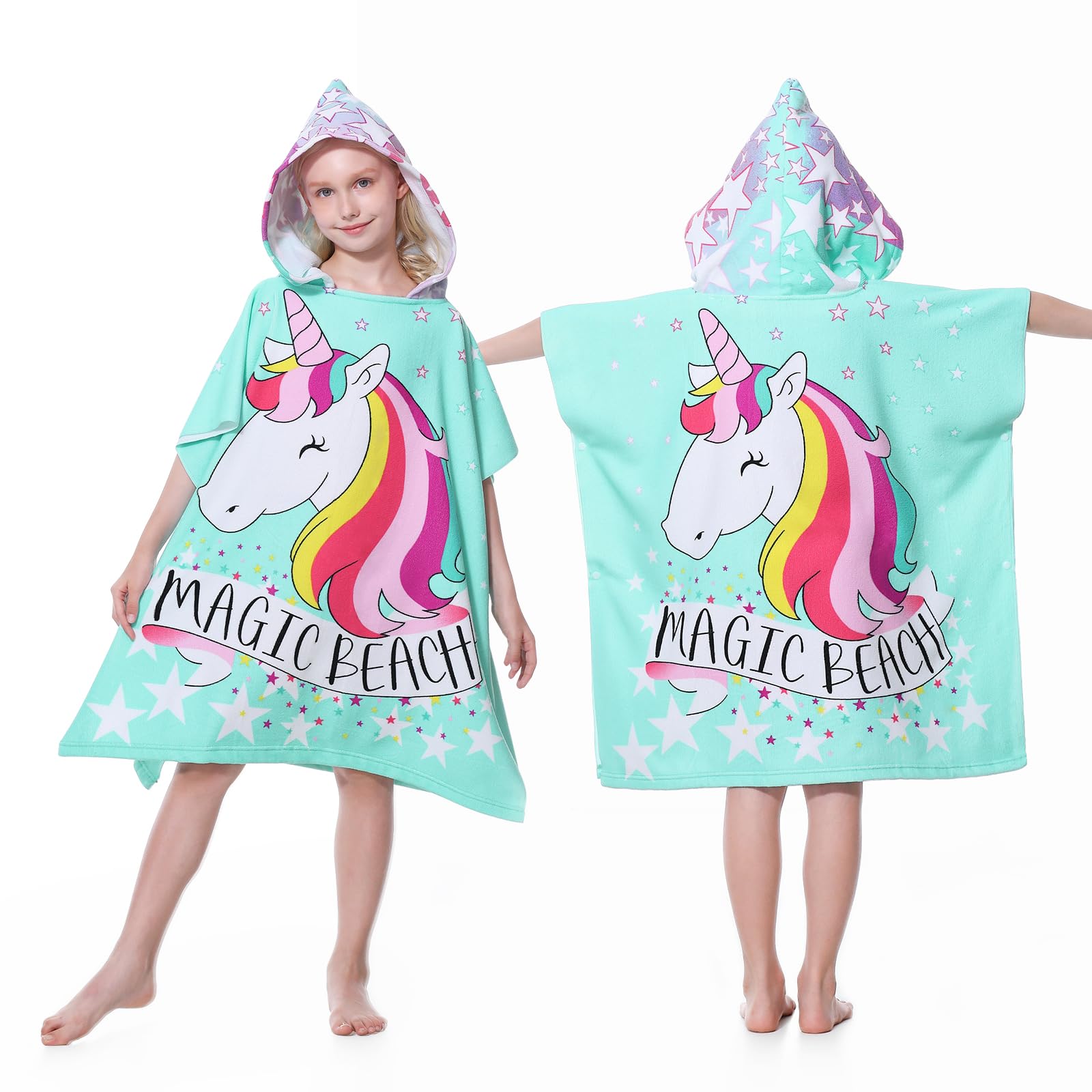 MOKANI Kids Hooded Poncho Towels, Beach Changing Robe Bath Towel Poncho for Swimming Pool, Microfiber Soft and Large Bathrobe for Boys Children 6-14 Years Old - Green Unicorn