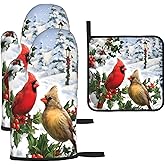 Winter Cardinal Christmas Oven Mitts and Pot Holders Sets of 3,Heat Resistant Hot Pads Oven Gloves for Cooking Grilling Baking, Christmas Kitchen Decor, for Women