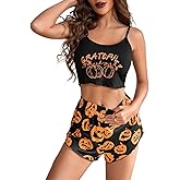 Mylleure Women Halloween 2 Piece Outfits Y2k Print Ruffle Sleeveless Cami Crop Tops High Waist Shorts Pajamas Set Loungewear