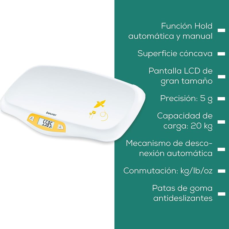 BY 80 Báscula para bebés, con superficie curvada y segura, capacidad de 20 kg, función de tara y retención para bebés que patalean, medición y visualización en pasos de 5 g