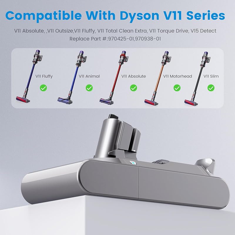 Batería para Dyson V11, 25,2 V, 3900 mAh, ion de litio, batería de repuesto para Dyson V11 (tipo botón) V15 SV15 SV16 SV22 con cargador aspirador de varilla (no para modelos de tornillo) con 1