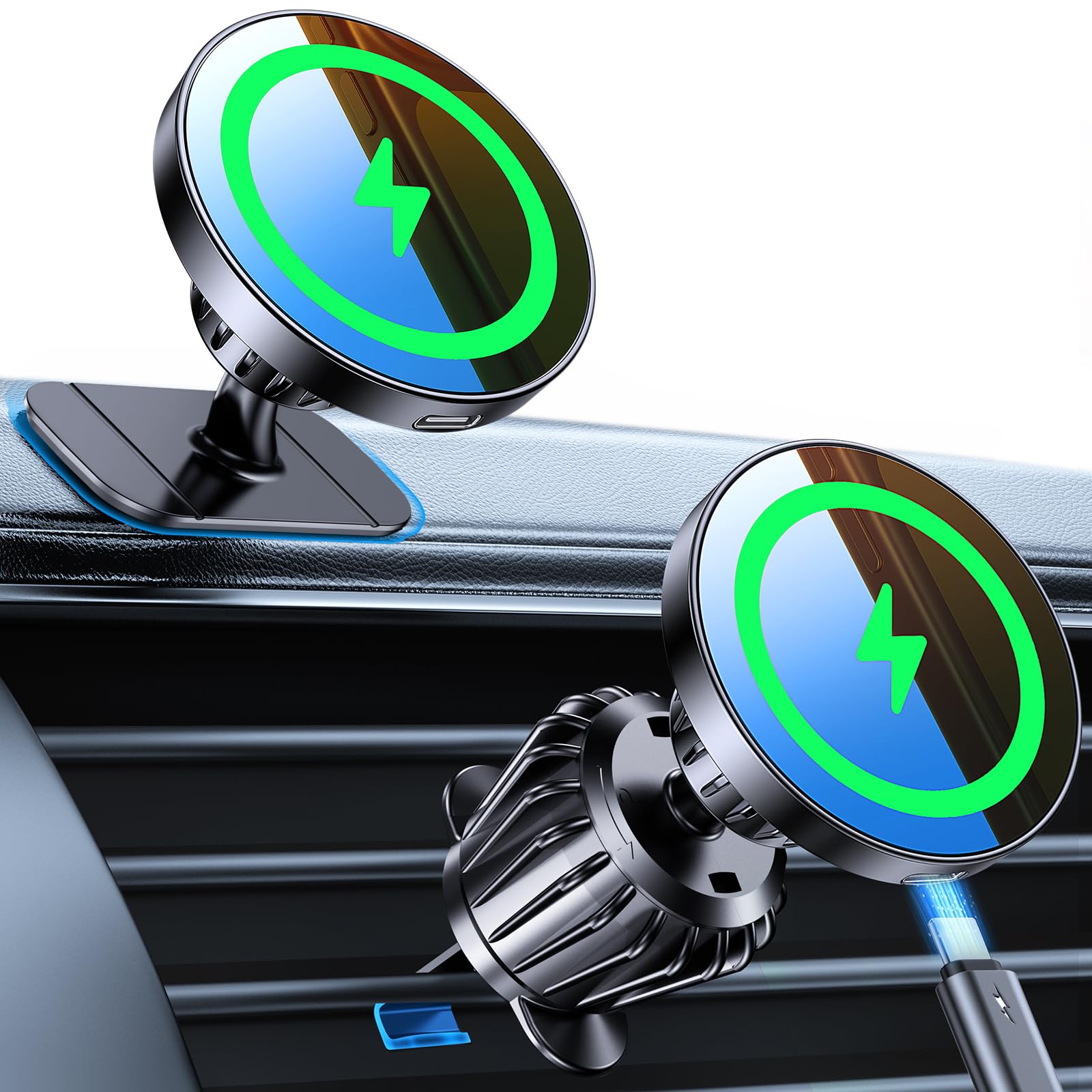Kaistyle for MagSafe Car Mount Charger【Stronger Magnets】iPhone Magnetic Wireless Car Charger【Dashboard+Vent】 for Magsafe Charger Cell Phone Car Mount for iPhone 17 Pro Max 16 15 14 13 12 Magsafe case