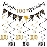 BRT Bearingshui Happy 100th Birthday Triangle Flag Banner Bunting Swirls Streamers Decoration Kit for Birthday Party Decorations Supplies Black and Gold 100th