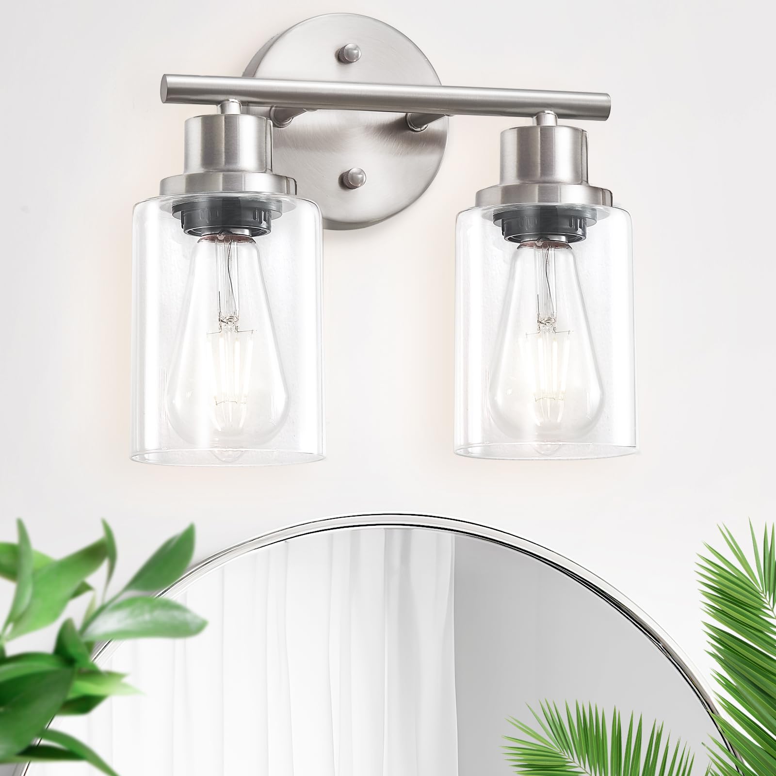 Photo 1 of Guliaofo 2-Light E26 Bathroom Light Fixtures, Modern Brushed Nickel Vanity Lights for Bathroom with Clear Glass Shade, Mirror Kitchen Hallway Cabinet Living Room Sconces Wall Lights