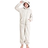 COZYPOIN Unisex Kids Fleece Jumpsuits Girls Fuzzy Hooded Rompers Zip Up One Piece Costume Warm Cute Clothes for 5-14 Y
