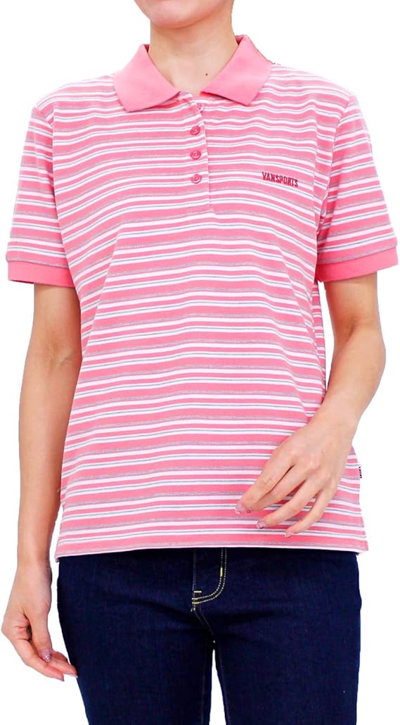 Amazon Vansports バンスポーツ 鹿の子ボーダー半袖ポロシャツ レディース ロゴ刺繍 スリット入り ポロシャツ 通販